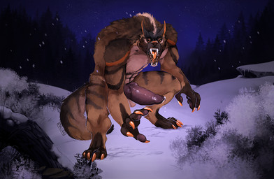 abs after_transformation animal_genitalia animal_penis anthro black_body black_fur bodily_fluids brown_body brown_fur canine_genitalia canine_penis erection fur genital_fluids genitals knot knotted_penis looking_at_viewer male male_anthro muscular muscular_anthro muscular_male night nipples nude nude_anthro nude_male orange_body orange_eyes orange_fur outside pecs penis pink_penis plant precum precum_string snow snowing solo standing striped_body striped_fur stripes tail teeth tongue transformation tree i-psilone mythology scotty_(milopatix) canid canine mammal mythological_canine mythological_creature werecanid werecanine werecreature werewolf 2020