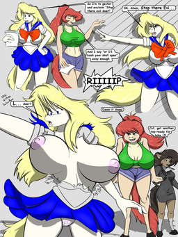 anthro big_breasts blonde_hair blue_eyes bottomwear breasts brown_body brown_fur brown_hair brown_tail cleavage clothed clothing dialogue dress female fur group hair hooves huge_breasts leg_markings markings midriff navel panties paper red_hair red_tail shirt shorts skirt socks_(marking) tail tan_body tan_fur tank_top text topwear trio underwear unguligrade upskirt white_body white_fur sailoranna anna_(sailoranna) janet_(sailoranna) sara_(sailoranna) equid equine horse mammal 3:4 comic english_text hi_res