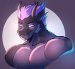 hair horn looking_at_viewer male muscular muscular_male purple_eyes purple_hair smile smiling_at_viewer korecat mythology dragon mythological_creature mythological_scalie scalie absurd_res bust_portrait hi_res portrait