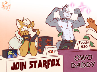 ambiguous_gender annoyed anthro armpit_hair armpit_tuft biceps body_hair bottomwear box clothed clothing collar container duo_focus eyebrows eyes_closed faceless_character fingerless_gloves flexing flexing_bicep flexing_both_biceps frown fur furniture gloves group hair handwear humor jacket logo looking_at_another male money muscular muscular_anthro muscular_male narrowed_eyes nipples number owo pants pecs pouting sign simple_background sitting smile spiked_collar spikes standing table text topless topless_male topwear tuft whiskers ventkazemaru nintendo star_fox fox_mccloud wolf_o'donnell ambiguous_species canid canine canis fox mammal wolf 2021 4:3 dated english_text hi_res watermark