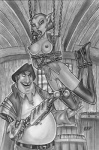 1_artificial_limb bdsm bondage bound breasts cybernetics duo female genitals machine nipples penetration pussy suspension vaginal vaginal_penetration deacon_black disney treasure_planet captain_amelia long_john_silver alien cyborg greyscale monochrome