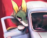 ambiguous_gender car countershade_face countershading driving eyelashes feral forked_tongue half-closed_eyes high-angle_view holding_object inside_car inside_vehicle long_ears narrowed_eyes open_mouth open_smile red_background red_eyes simple_background smile solo steering_wheel tongue tongue_out vehicle long_and_soft nintendo pokemon generation_5_pokemon pokemon_(species) serperior 2022 absurd_res digital_media_(artwork) hi_res