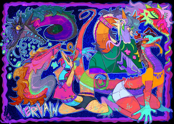 anthro blonde_hair blue_body blue_scales border bright_colors brown_body brown_scales clothing collar female female_anthro green_body green_clothing green_scales green_shirt green_topwear grey_body grey_scales hair multicolored_body multicolored_scales orange_body orange_scales pink_body pink_collar pink_scales purple_body purple_border purple_scales red_body red_scales scales sharp_teeth shirt solo teeth topwear guncht reptile scalie snake 2024 colorful_theme
