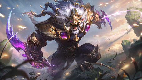 anthro armor bent_legs braided_hair braided_mane claws cloud drapery_(clothing) fangs fur gauntlets_(weapon) gold_(metal) gold_armor grass hair heterochromia holding_object holding_weapon light male mane mask mountain open_mouth orange_eyes outside plant purple_eyes purple_weapon rock sky skyscape solo teeth toe_claws tongue weapon white_body white_fur white_mane unknown_artist league_of_legends riot_games tencent rengar_(lol) felid lion mammal pantherine 2026 absurd_res colored digital_media_(artwork) digital_painting_(artwork) hi_res lighting official_art painting_(artwork) shaded wallpaper