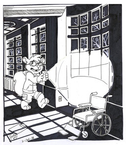 anthro barefoot bottomwear cheek_tuft clothed clothing eyewear facial_tuft feet glasses inside jacket logo male night rectangular_glasses scared shorts solo topwear tuft vehicle walking wheelchair window young young_anthro young_male pandapaco zayne_camacho mammal rodent sciurid tree_squirrel 2016 artist_logo dated monochrome signature