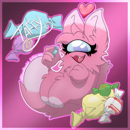 1_eye anthro big_tail biped black_lips blue_eyes blush candy cheek_tuft claws dessert eyebrows eyelashes facial_tuft feet female fingers fluffy fluffy_chest fluffy_ears fluffy_tail food fur hair holding_candy holding_food holding_object lips looking_at_viewer multicolored_body neck_tuft nude open_mouth paws pink_body pink_fur pink_tongue saltwater_taffy_(candy) simple_background smile solo tail teeth text thick_eyelashes toes tongue tuft two_tone_body demon_ascended among_us innersloth taffy_(taffypinku) canid canine fox humanoid mammal true_fox 1:1 absurd_res colored digital_drawing_(artwork) digital_media_(artwork) english_text hi_res shaded signature