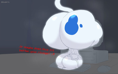 :3 anthro backsack balls big_balls big_butt blue_body blue_fur butt computer computer_keyboard computer_monitor computer_mouse curtains electronics fur furniture genitals huge_balls inside keyboard male multicolored_body multicolored_fur musk question_mark screen solo table tail text thick_thighs three-quarter_view through_screen two_tone_body two_tone_fur vein veiny_balls white_body white_fur white_tail axoarts canid canine canis domestic_cat domestic_dog felid feline felis hybrid mammal 2026 artist_name digital_media_(artwork) english_text hi_res