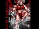 bone bottomwear bulge cemetery claws clothing feathered_wings feathers grin holding_object loincloth looking_at_viewer male muscular muscular_male navel nipples outside skull smile solo torn_clothing wings dchooi demon 2007 4:3