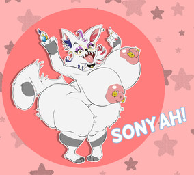 anthro areola areola_slip bell bell_collar blue_body blue_fur bottomwear clothing collar dipstick_tail ear_piercing ear_tuft female fur genitals gesture hand_gesture markings middle_finger nipple_piercing nipples nude piercing pose red_body red_fur ring sharp_teeth shirt shorts shortstack solo star tail tail_markings teeth text tongue tongue_out topwear tuft underwear vulva white_body white_fur yellow_eyes unknown_artist sonyah_p._catworth domestic_cat felid feline felis mammal english_text hi_res