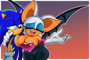 anthro big_breasts bodysuit breasts cleavage clothed clothing curvy_figure duo female huge_breasts male male/female skinsuit smile tight_clothing voluptuous wings ljigpjom sega sonic_the_hedgehog_(series) rouge_the_bat sonic_the_hedgehog bat eulipotyphlan hedgehog mammal absurd_res hi_res