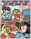 2_panel_comic 4_fingers abstract_background aloha_shirt anthro asphyxiation blue_screen_of_death bodily_fluids brown_hair choking cigarette cigarette_in_mouth clothing dialogue duo eyewear female fingers fur hair hand_on_another's_head hat headgear headwear male object_in_mouth pattern_clothing pattern_shirt pattern_topwear pink_body pink_fur saliva self_checkout shirt smoking sunglasses supermarket text topwear yellow_body yellow_fur rawdawgcomics rawdawgcomics_(series) the_last_of_us_part_ii stahli_(rawdawgcomics) canid canine canis domestic_dog mammal 4:5 artist_name comic digital_media_(artwork) english_text hi_res meme