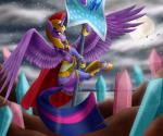 armor banner castle cloud crystal feathered_wings feathers female feral flying fur hair horn landscape looking_at_viewer moon multicolored_hair outside purple_body purple_eyes purple_feathers purple_fur sky smile solo spread_wings star water wings szafir87 friendship_is_magic hasbro my_little_pony mythology twilight_sparkle_(mlp) avian bird equid equine mammal mythological_creature mythological_equine winged_unicorn 2016 6:5