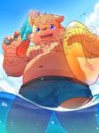 anthro blue_eyes bottomwear clothing cloud male navel open_mouth shorts sky slightly_chubby solo toy toy_gun water water_gun darkmagic canid canine canis domestic_dog mammal 2019 3:4 distracting_watermark watermark