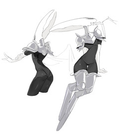 2_horns ambiguous_gender anthro armor armwear black_body butt clothing disembodied_hand duo elbow_gloves gloves hand_on_chin handwear hollow_eyes horn leg_armor looking_aside rear_view shoulder_guards simple_background sitting standing stretching white_background white_face wide_hips milktea25424633 hollow_knight_(franchise) team_cherry hollow_knight_(character) pure_vessel_(hollow_knight) arthropod vessel_(species) 2025 chinese_description digital_drawing_(artwork) digital_media_(artwork)