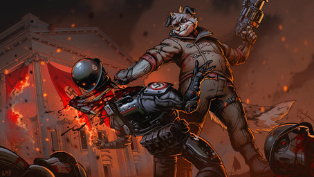 ambiguous_gender armor axe blood bodily_fluids decapitation fire gun killing male nazi night outside ranged_weapon solo splattershot swastika weapon katewhb wolfenstein nbdog canid canine mammal absurd_res hi_res