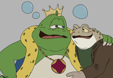 anthro blush clothed clothing duo green_body hug king male open_mouth overweight overweight_male royalty simple_background standing taxonite mario_bros nintendo wart_(mario) amphibian frog 2026 hi_res