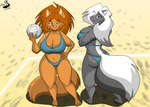 anthro ball big_breasts bikini breasts butt butt_pose cleavage clothed clothing duo female pose sport swimwear two-piece_swimsuit volleyball volleyball_(ball) volleyball_court chrisandcompany daryl_vecat kelsey_sienna domestic_cat felid feline felis mammal mephitid skunk absurd_res hi_res