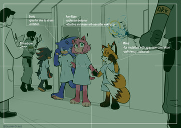 2_tails 3_toes anthro barefoot black_body black_fur black_nose blue_body blue_fur brown_feet brown_hands brown_striped_fur cattle_prod claws clipboard countershade_feet countershading dipstick_tail exclamation_point eyelashes feet female fur gloves_(marking) gown green_eyes grey_body grey_fur groggy group guard gun hand_holding male markings mouth_mask multi_tail multicolored_body multicolored_fur patient_gown pawpads paws pen pink_body pink_fur pink_pawpads plantigrade ranged_weapon red_stripes research rubbing_eyes scientist stripes tail tail_markings tan_hands tan_palms tan_soles text toe_claws toes waking_up weapon white_tail_tip yellow_body yellow_fur quavernsfw sega sonic_the_hedgehog_(series) amy_rose miles_prower shadow_the_hedgehog sonic_the_hedgehog canid canine eulipotyphlan fox hedgehog human mammal english_text hi_res