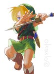 5_fingers belt blonde_hair blue_eyes boots child clothing elf fighting_pose fingers footwear hair hat headgear headwear hi_res holding_object holding_sword holding_weapon humanoid humanoid_pointy_ears hylian light_body light_skin looking_at_viewer male melee_weapon nintendo not_furry ocarina_of_time olxexlo pose shirt signature simple_background solo sword the_legend_of_zelda topwear tunic weapon young young_link