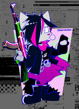 2000s_theme ak-47 ak_platform assault_rifle black_hair blowing_bubble_gum boots bottomwear bubble_gum cellphone clothing electronics female footwear gun hair hair_over_eye half-closed_eyes jacket multicolored_hair narrowed_eyes phone pink_hair ranged_weapon rifle screencap screencap_background shoes skirt skull_accessory topwear two_tone_hair weapon bedheadbernie kalashnikov myspace myspace-tan domestic_cat felid feline felis mammal hi_res