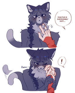 anthro black_hair blush braided_hair breasts chest_tuft compliment dipstick_tail disembodied_hand duo exclamation_point female female/female front_view fur grey_body grey_fur hair hand_holding hand_on_cheek happy holding_wrist love markings medium_breasts open_mouth petting purring romantic romantic_couple simple_background solo_focus tail tail_markings tail_motion tailwag talking_to_another talking_to_partner text tuft white_background chubberwocky abyssinian_cat domestic_cat felid feline felis maine_coon mammal 2025 digital_drawing_(artwork) digital_media_(artwork) english_text hi_res