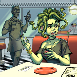 5_fingers arms_bent bench black_choker black_collar black_eyes black_jewelry black_necklace bracelet breasts checkered checkered_floor choker cleavage clothed clothed_female clothed_humanoid clothing collar colored_nails cutlery diner female female_humanoid fingernails fingers fork forked_tongue freckled_face freckles furniture gold_(metal) gold_bracelet gold_jewelry green_body green_clothing green_fingernails green_hat green_headwear green_nails green_scales green_skin green_topwear group hat headgear headwear holding_newspaper holding_note_pad holding_object holding_pen inanimate_transformation jewelry kitchen_utensils leaning_on_table light lips living_hair male male_human menu_sheet nails napkin necklace newspaper on_bench open_mouth pen petrification pink_lips plate pseudo_hair reading_newspaper red_tongue restaurant scales sitting sitting_on_bench snake_hair stool talking_to_another tan_body tan_skin teeth text tongue tongue_out tools topwear transformation trio window yellow_sclera spaniel_reyes european_mythology greek_mythology mythology medusa gorgon human humanoid mammal reptile scalie snake 1:1 2025 colored digital_drawing_(artwork) digital_media_(artwork) english_description english_text hi_res lighting shaded