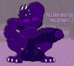 3_toes anthro balls big_balls big_penis claws crouching darkened_genitalia feet genitals glans hand_behind_head huge_penis humanoid_genitalia humanoid_penis hyper hyper_genitalia hyper_penis male muscular muscular_male penis purple_body solo text toe_claws toes vein veiny_penis wsg_clover microsoft minecraft mojang mythology xbox_game_studios dragon ender_dragon mythological_creature mythological_scalie scalie english_text hi_res