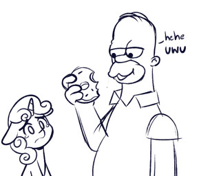 black_eyes bodily_fluids clothing dessert doughnut duo female feral food holding_doughnut horn male mane pastry shirt tears topwear young higglytownhero 20th_century_fox friendship_is_magic hasbro my_little_pony mythology the_simpsons homer_simpson sweetie_belle_(mlp) equid equine human mammal mythological_creature mythological_equine unicorn crossover monochrome