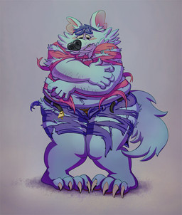 anthro black_nose blue_body blue_fur blush bottomwear clothing fur humanoid_hands male overweight overweight_male shirt shorts simple_background solo topwear osos canid canine canis mammal wolf 2015 archived_source
