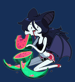 bat_wings bite_mark bite_mark_on_neck black_hair bottomwear breasts cleavage clothed clothing crop_top dot_eyes eating eating_food eyebrows fanged_bite_mark fanged_bite_mark_on_neck fangs female food footwear fruit grey_body grey_skin hair kneeling melon membrane_(anatomy) membranous_wings navel plant pointy_ears ponytail puffed_cheeks sandals shirt shoes shorts simple_eyes solo tank_top teeth toony topwear watermelon wings discount-supervillain adventure_time cartoon_network marceline_abadeer animal_humanoid bat bat_humanoid demon demon_humanoid humanoid mammal mammal_humanoid vampire vampire_bat_humanoid hi_res