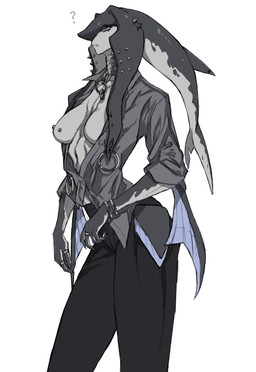 anthro bottomwear breasts clothed clothing collar exposed_breasts featureless_breasts female fin grey_body head_tail open_clothing open_shirt open_topwear pants piercing shirt solo topwear 10den nintendo the_legend_of_zelda aquatic fish zora absurd_res hi_res