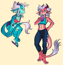 5_fingers 5_toes abs anthro athletic athletic_anthro athletic_female athletic_wear barefoot beverage blue_body blue_eyes bottomwear bra breasts bubble_tea claws cleavage clothed clothed_anthro clothing countershading drinking_straw drinking_straw_in_mouth duo ear_piercing ear_ring eyebrows feet female fingers flip_flops footwear front_view hair holding_beverage holding_object horn hotpants magenta_eyes markings midriff minishorts navel non-mammal_breasts non-mammal_ears non-mammal_navel pants piercing plantigrade red_body ridged_horn ring_piercing sandals shoes shorts simple_background sitting snout sports_bra spots spotted_body standing tail tail_tuft three-quarter_view toe_claws toes tuft underwear white_hair makkon kobold scalie 2024 digital_drawing_(artwork) digital_media_(artwork) full-length_portrait hi_res portrait