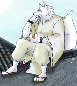 anthro asian_clothing biped claws clothed clothing cloud east_asian_clothing flip_flops food footwear fruit fur japanese_clothing kariginu kimono male muscular muscular_anthro muscular_male orange_(fruit) outside plant pose sandals scar shoes sitting sky solo sun sunny white_body white_fur hentist gingitsune gintaro canid canine fox mammal 2013
