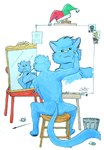 anthro blue_body blue_fur brush canvas chair clothing easel fool's_hat fur furniture green_eyes hat headgear headwear looking_at_mirror looking_at_object male mirror paint paintbrush painting painting_(object) palette reflection sitting solo stool trash_can guppy_(artist) norman_rockwell triple_self-portrait guppy domestic_cat felid feline felis mammal 2000 inspired_by_formal_art signature