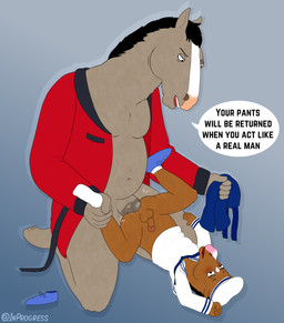 age_difference anal anthro bad_parenting balls bathrobe bottomless clothed clothing dial duo forced genitals kneeling male male/male penis rape robe sex size_difference text young inprogress bojack_horseman netflix bojack_horseman_(character) butterscotch_horseman equid equine horse mammal absurd_res english_text hi_res father_(lore) father_and_child_(lore) father_and_son_(lore) parent_(lore) parent_and_child_(lore) parent_and_son_(lore) son_(lore)
