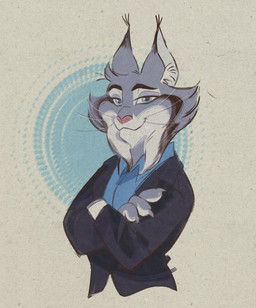 anthro black_clothing black_suit blue_clothing blue_eyes blue_shirt blue_topwear clothing crossed_arms fur grey_body grey_fur looking_at_viewer male shirt simple_background smile solo standing suit topwear whiskers berbudin disney zootopia cattrick_lynxley felid feline lynx mammal hi_res