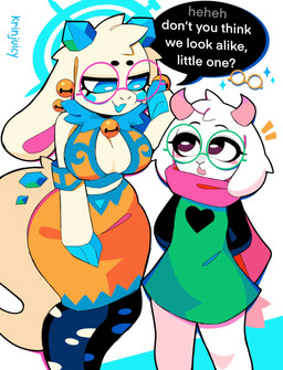 2_horns anthro bell big_breasts black_speech_bubble blue_eyes blue_ruff bottomwear breasts circle_eyebrows cleavage clothed clothing dialogue duo emanata eye_contact eyebrows eyelashes eyewear female female_anthro flesh_fang floppy_ears fur glasses green_clothing green_robe hands_behind_back head_horn horn long_tail looking_at_another lop_ears male male_anthro neck_tuft pink_horn pink_scarf purple_eyes question question_mark robe round_glasses scarf short_snout skirt slim_male tail tapering_tail text tuft wearing_glasses white_body white_fur white_text yellow_clothing yellow_robe krinjuicy atlyss deltarune mythology undertale_(series) angela_flux ralsei bovid caprine dragon goat kubold_(atlyss) mammal mythological_creature mythological_scalie oathkin_(atlyss) poon_(atlyss) scalie 2025 artist_name crossover english_text hi_res portrait three-quarter_portrait