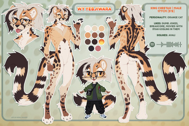 5_fingers anthro big_tail biped black_bottomwear black_clothing black_highlights black_pants bottomwear butt chest_tuft chibi claws clothed clothing countershade_face countershade_fur countershade_torso countershading digitigrade eyewear featureless_crotch feet fingers fluffy fluffy_tail footwear fur glasses green_clothing green_jacket green_topwear grey_clothing grey_shirt grey_topwear hair highlights_(coloring) hindpaw jacket legwear looking_at_viewer male markings messenger_bag nude open_mouth orange_eyes oversized_clothing oversized_topwear pants pawpads paws ponytail shirt shoes simple_background smile sneakers solo spots spotted_body spotted_fur standing streetwear striped_markings striped_tail stripes tail tail_markings tan_body tan_fur techwear teeth text toe_claws tongue tongue_out topwear tuft wearing_glasses white_body white_fur white_hair koda_walker wy_(yebjiwara) cheetah felid feline king_cheetah mammal 3:2 digital_media_(artwork) english_text hi_res model_sheet watermark