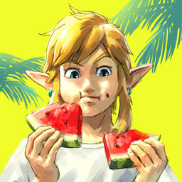 blue_eyes clothing ear_piercing ear_ring eating food fruit humanoid_pointy_ears light_body light_skin male melon not_furry palm_leaves piercing plant pointy_ears ring_piercing simple_background solo watermelon yellow_background unknown_artist nintendo the_legend_of_zelda link humanoid hylian 1:1 2023 absurd_res hi_res official_art