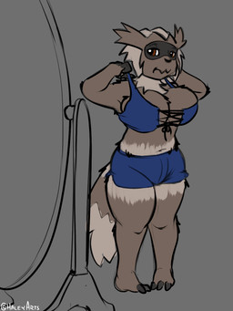 anthro anthrofied barefoot big_breasts bottomwear breasts clothing dressing feet female grey_background mirror navel shorts simple_background slightly_chubby solo swimwear halcy0n nintendo pokemon generation_3_pokemon pokemon_(species) zigzagoon 3:4 hi_res
