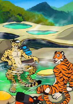 animal_genitalia anthro athletic athletic_anthro athletic_male black_hair blue_eyes closed_smile duo fully_sheathed fur genitals hair looking_at_viewer male male_anthro markings mouth_closed nude open_mouth orange_body orange_fur partially_submerged sheath short_hair sitting smile striped_arms striped_legs striped_markings striped_tail stripes tail tail_markings water whiskers white_body white_fur white_hair yellow_body yellow_fur hufnaar hufnaar_(character) kyyanno cheetah felid feline mammal hi_res