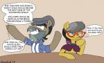 beard blush cape clothing dialogue duo eyewear facial_hair female glasses male text strebiskunk friendship_is_magic hasbro my_little_pony caballeron_(mlp) daring_do_(mlp) equid equine horse mammal pony english_text