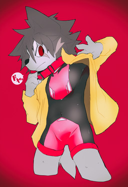 4_fingers after_transformation ankle_cuffs anthro bangs black_clothing black_ears black_hair black_inner_ear black_leotard black_nose brown_hair clothing coat collar collar_pull cuff_(restraint) fingers frown fur glistening glistening_body glistening_leotard grey_body grey_fur hair highlights_(coloring) leotard leotard_under_clothing looking_back male messy_hair pink_clothing pink_leotard pushbutton red_background red_collar red_cuffs red_eyes restraints side_view simple_background solo spandex_clothing tail text thigh_cuffs tight_clothing topwear transformation transformed_clothing yellow_clothing yellow_coat yellow_topwear young young_anthro young_male jinnosound canid canine canis domestic_dog mammal hi_res japanese_text portrait three-quarter_portrait