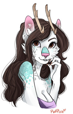 anthro antlers breasts clothed clothing female fur hair horn looking_at_viewer smile solo redpixie felid hybrid mammal