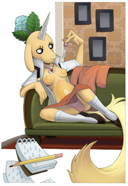 anthro bottomwear breasts clothed clothing exposed_breasts eyedropper female furniture horn looking_at_viewer nipples note_pad open_clothing open_shirt open_topwear panties partially_clothed pencil_(object) shirt skirt sofa solo topless topwear unbuttoned_shirt underwear upskirt white_eyes conditional_dnp loupgarou adventure_time cartoon_network viola_(adventure_time) canid canine hybrid mammal pup_(adventure_time) rainicorn hi_res