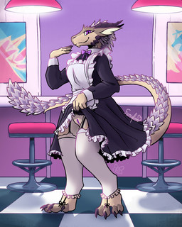 anthro breasts cafe clothing digitigrade female genitals maid_uniform non-mammal_breasts solo tail uniform vulva furufoo mythology dragon mythological_creature mythological_scalie scalie 4:5 hi_res