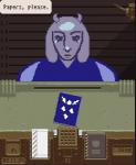 anthro book clock clothed clothing faceless_character female horn metric_unit number paper passport solo text unit watch vappyvap_(artist) papers_please undertale undertale_(series) toriel boss_monster_(undertale) bovid caprine mammal crossover digital_media_(artwork) low_res pixel_(artwork)