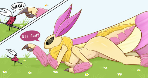 2_horns 4_arms 4_hands antennae_(anatomy) anthro arthropod_abdomen black_body black_eyes breasts cloak clothing duo eyelashes female flower freckled_face freckles fur grass_field hair horn long_eyelashes motion_lines multi_arm multi_hand multi_limb neck_tuft nude nude_anthro nude_female pink_body pink_hair plant simple_background tail text tuft wings yellow_body yellow_fur judy_anon hollow_knight_(franchise) team_cherry hornet_(hollow_knight) rosie_(judy_anon) arthropod insect lepidopteran mammal moth 2025 digital_media_(artwork) english_text hi_res