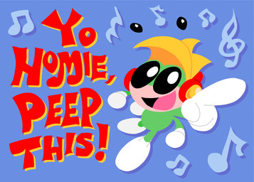 4_arms antennae_(anatomy) black_eyes blonde_hair blue_background clothing countershade_face countershading electronics footwear gesture glistening glistening_eyes gloves green_body hair hand_gesture handwear headphones male multi_arm multi_limb musical_clef musical_symbol open_mouth pointing shoes simple_background solo symbol text soupersaucer red_company sega tempo tempo_(sega) arthropod grasshopper insect orthopterid 2025 english_text hi_res