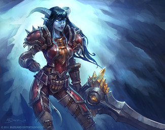 armor belt black_hair blue_body breasts clothing female front_view gloves hair handwear holding_melee_weapon holding_object holding_sword holding_weapon horn humanoid_pointy_ears melee_weapon pauldron pointy_ears red_armor simple_background solo sword tail weapon luke_mancini blizzard_entertainment warcraft world_of_warcraft_trading_card_game draenei humanoid 2011 official_art